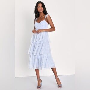 Vineyard Visit Blue Embroidered Tie-Strap Tiered Midi Dress